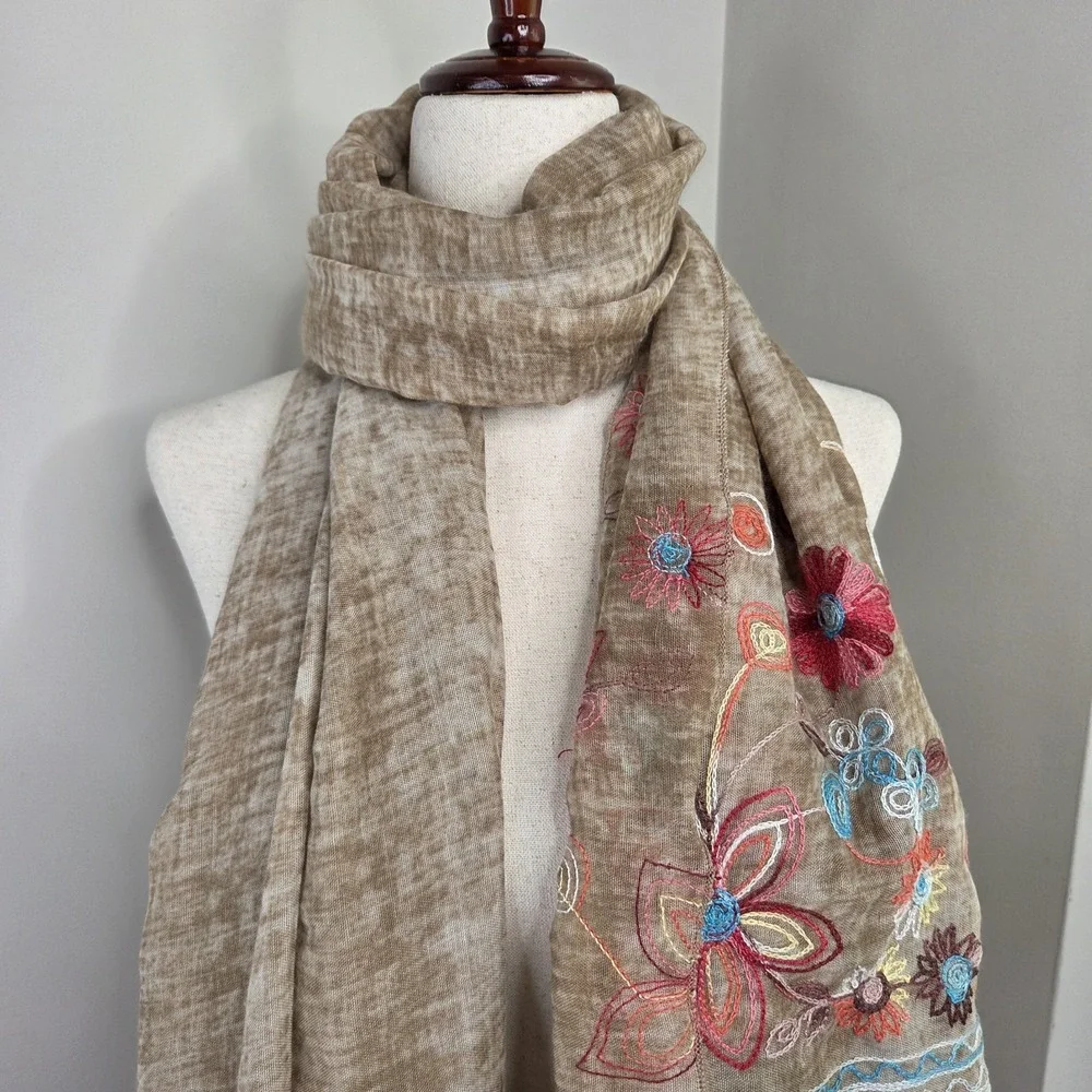 29 Palm Boho Embroidered Floral Scarf Brown‎ Indie Fringe Hippie Festival Wrap